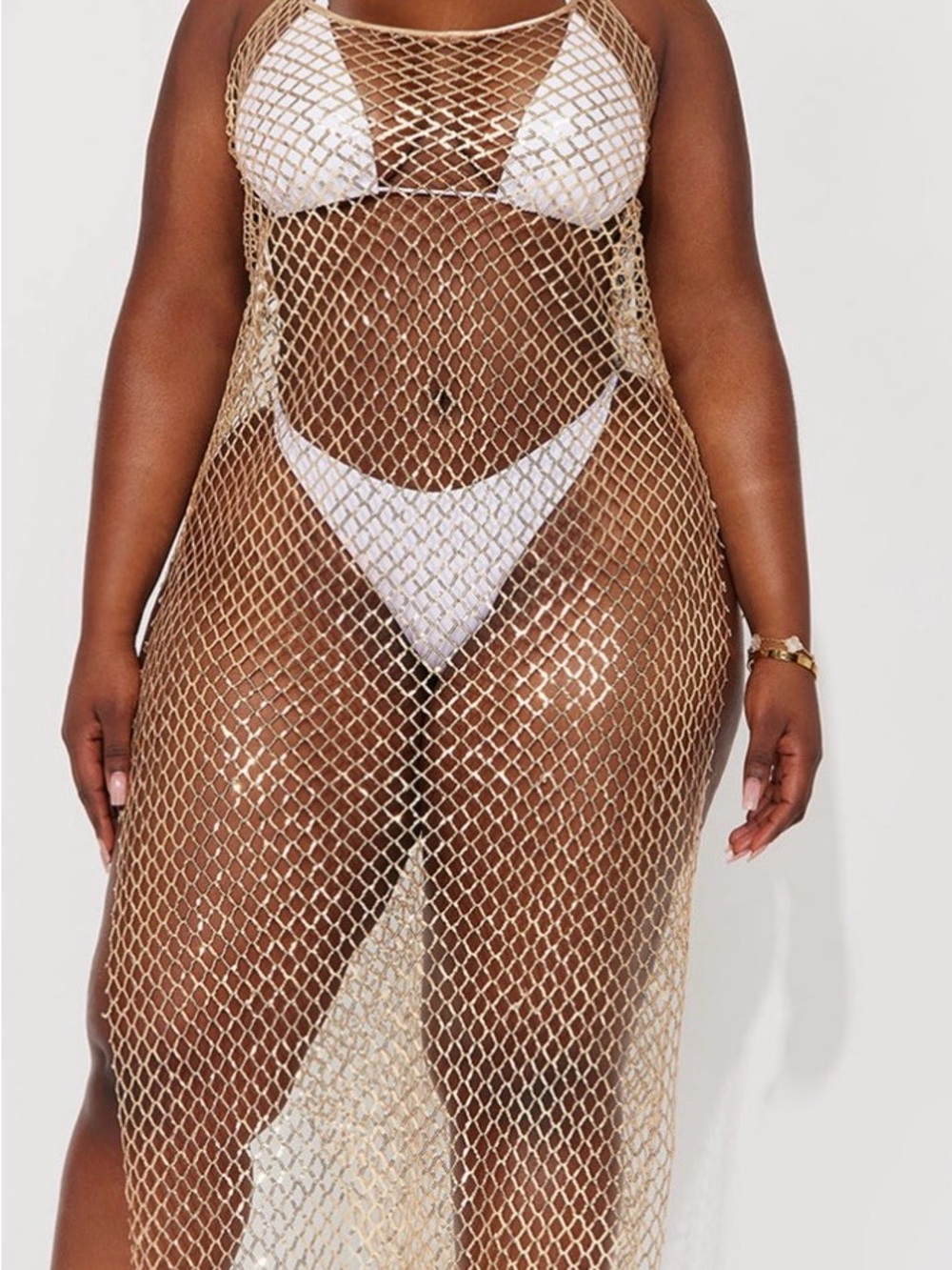 Gold Metallic swimsuit coverup with Sheer Fishnet. - Picture 4 of 4